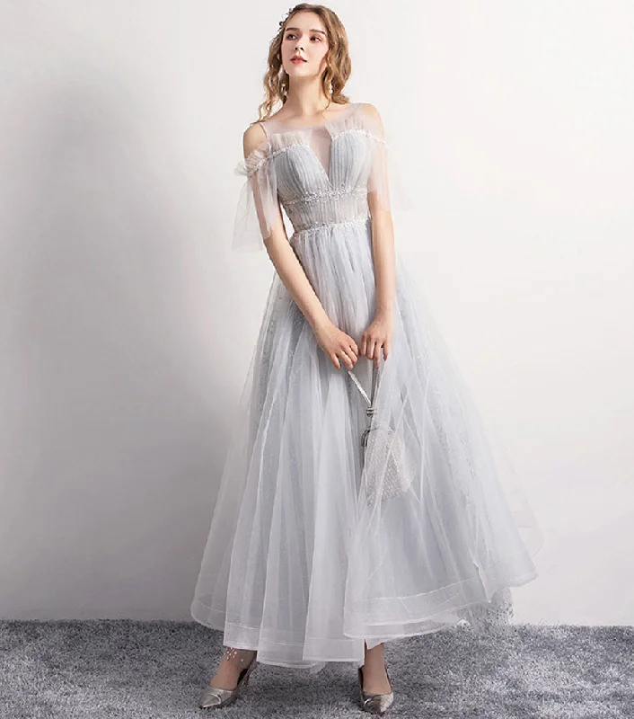Gray tulle short prom dress party dress  8347