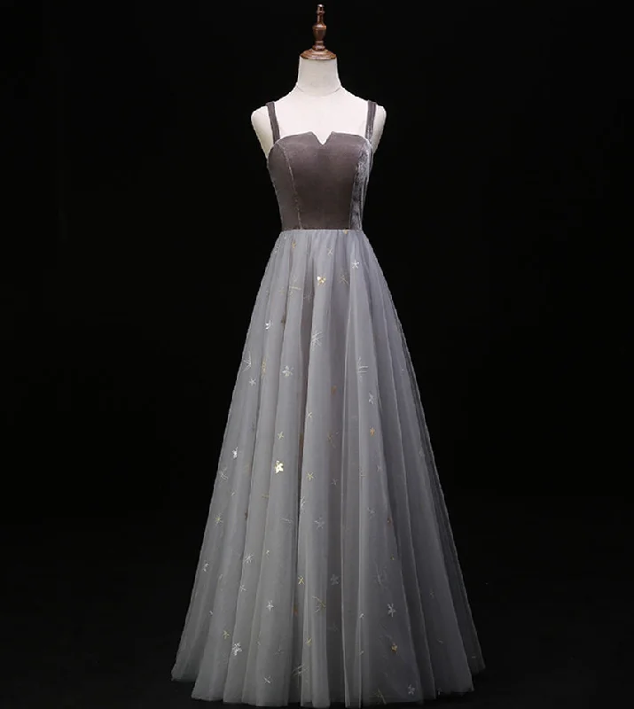 Gray velvet tulle prom dress evening dress  8390
