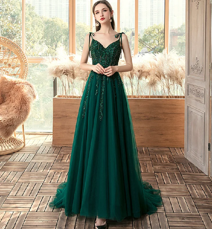 Green tulle lace long prom dress evening dress  8458