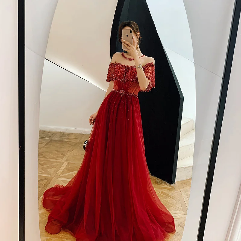 High quality burgundy beads long prom gown formal dress  8401