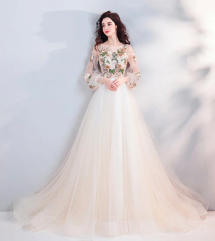 Light champagne lace long prom dress evening dress  8451