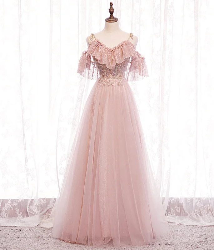 Pink tulle lace long prom dress evening dress  8349