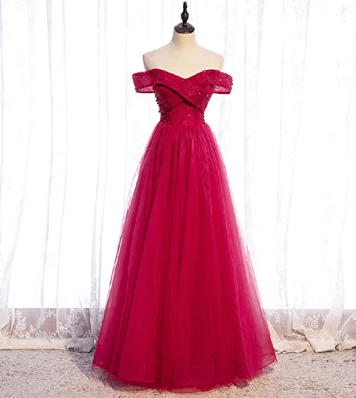 Red tulle beads long prom dress red evening dress  8427