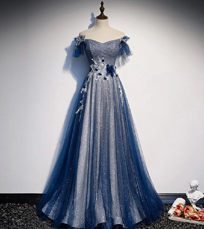 Shiny tulle sequins long prom dress blue evening dress  8429