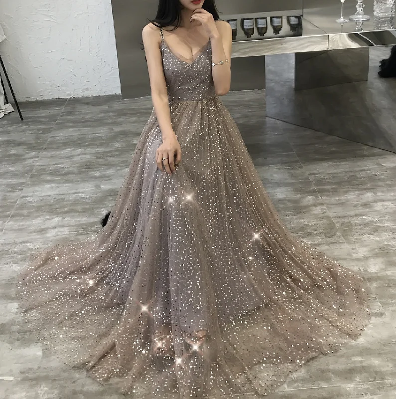 Shiny tulle sequins long prom dress evening dress  8312