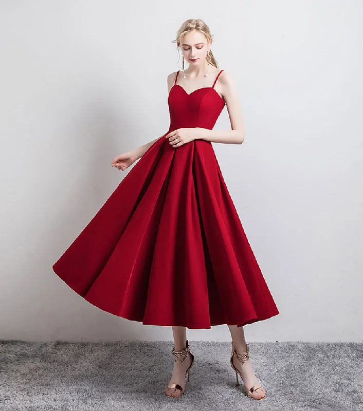 Simple satin short prom dress burgundy evening dress  8346