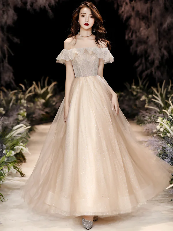 Sparkling champagne tulle sequins prom dress  8276