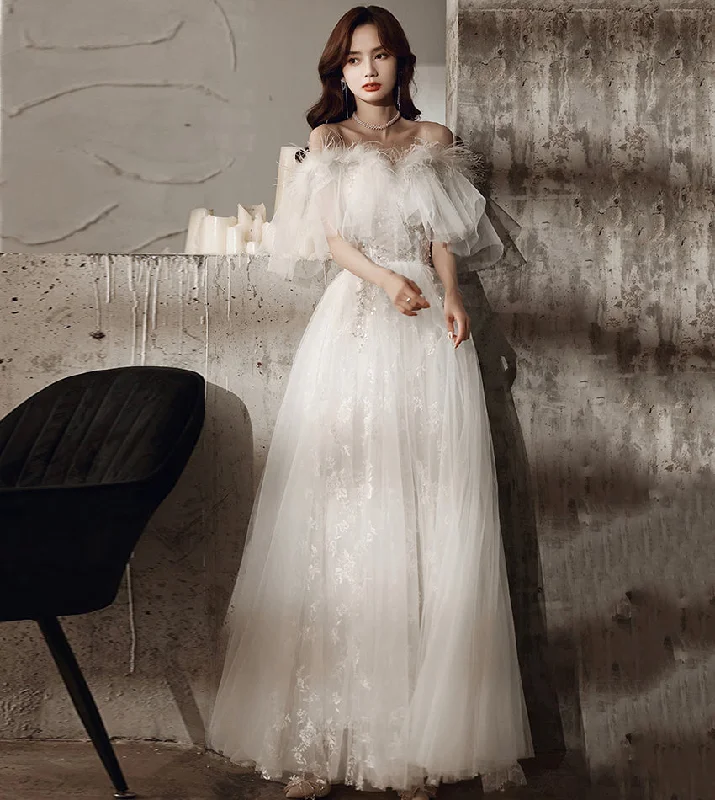 Unique tulle sequins long prom dress white evening dress 8534